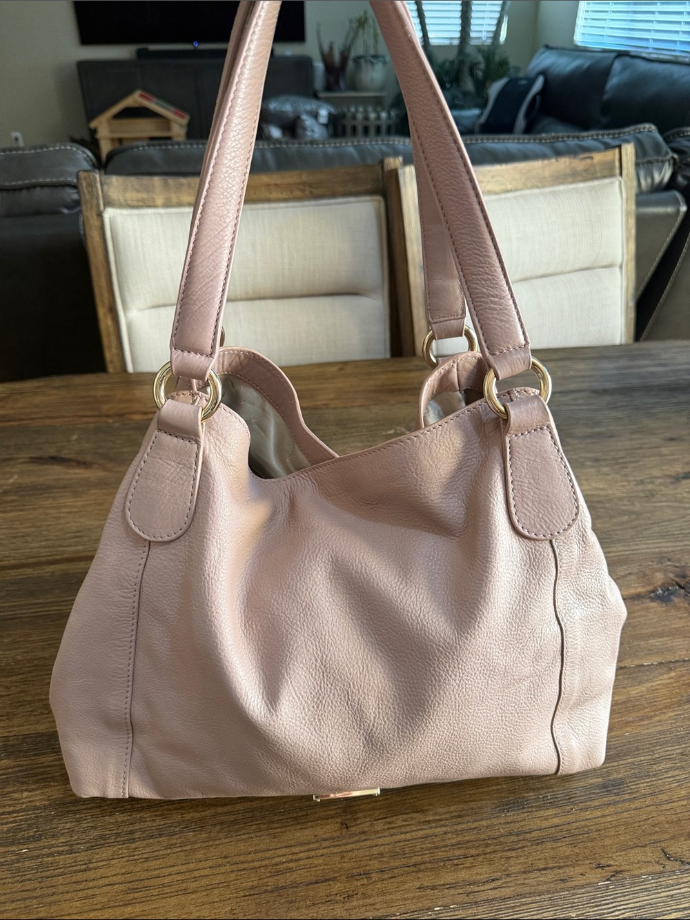 Soft Blush Leather Shoulder Bag with Gold Hardware